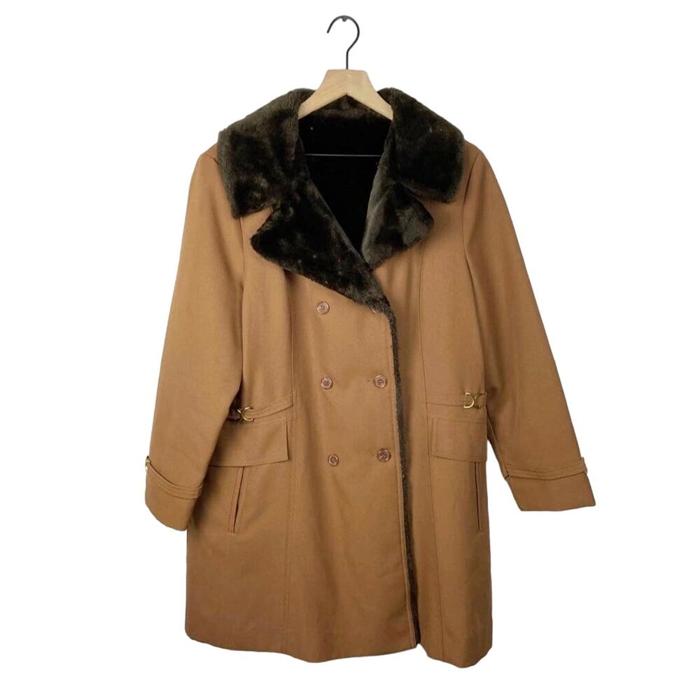 Vintage classic long line faux fur collar lining trench jacket